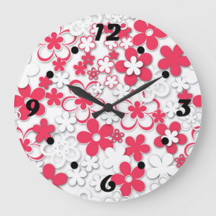 Grande Horloge Ronde Fleurs de papier rouge et blanc