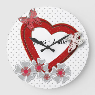 Grande Horloge Ronde Fleurs de papillons du coeur rouge Valentines Jour