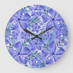 Grande Horloge Ronde Fleurs de Pervenche Bleu Violet Fleurs de Vinca