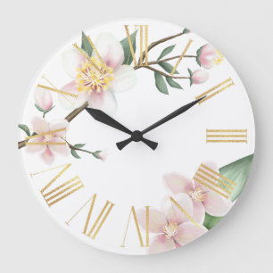 Grande Horloge Ronde Fleurs de pommier à l'aquarelle et chiffres romain