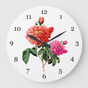 Grande Horloge Ronde fleurs de rose rouges, roses botaniques vintage