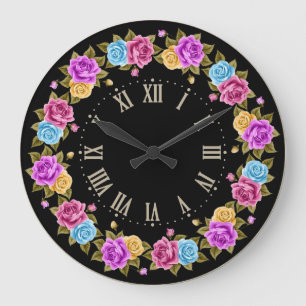 Grande Horloge Ronde Fleurs de Roses Colorées Noires Vintage Chic Franç
