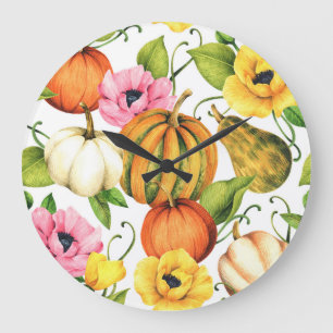 Grande Horloge Ronde Fleurs de soleil citrouilles : Aquarelle Motif des