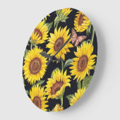 Grande Horloge Ronde Fleurs de soleil, papillons, aquarelle noir (Angle)