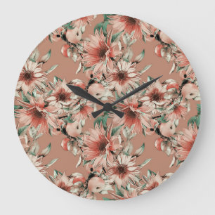 Grande Horloge Ronde Fleurs de soleil, pommes : motif d'aquarelle d'aut