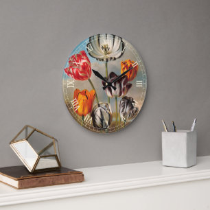 Grande Horloge Ronde Fleurs de tulipes panachées vintage dans un paysag