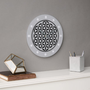 Grande Horloge Ronde FLEURS DE VIE - Symbole de géométrie sacrée plein