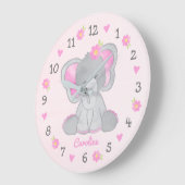 Grande Horloge Ronde Fleurs d'éléphant rose Grey Nom Fille Nursery (Angle)