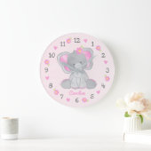 Grande Horloge Ronde Fleurs d'éléphant rose Grey Nom Fille Nursery (Maison)