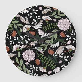 Grande Horloge Ronde Fleurs d'Engraving Antique Peint à la main