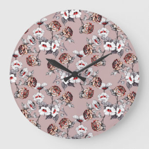 Grande Horloge Ronde Fleurs dessinées à la main, motif d'aquarelle rose