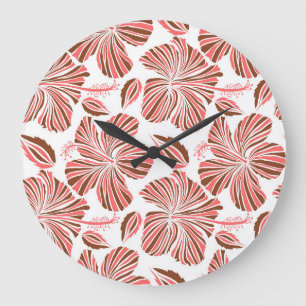 Grande Horloge Ronde Fleurs d'hibiscus hawaïens : style tropical brun.