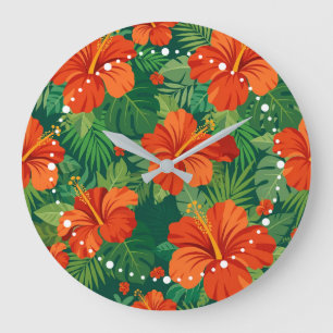 Grande Horloge Ronde Fleurs d'Hibiscus Rouge Orange Vert Feuillage de l