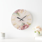 Grande Horloge Ronde Fleurs d'hydrangée romantiques roses et bleues (Maison)