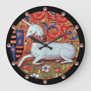 GRANDE HORLOGE RONDE FLEURS D'IMAGINAIRES UNICORNES ET MÉDIÉVAUX, MOTIF