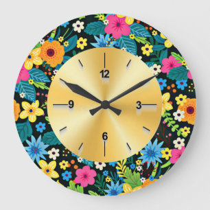 Grande Horloge Ronde Fleurs Ditsy Vibrantes Motif Floral Design-43785