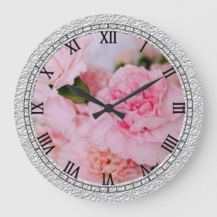 Grande Horloge Ronde fleurs d'oeillets roses Photographie de style vint