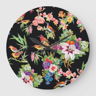 Grande Horloge Ronde Fleurs d'oiseaux sauvages : Noir Vintage