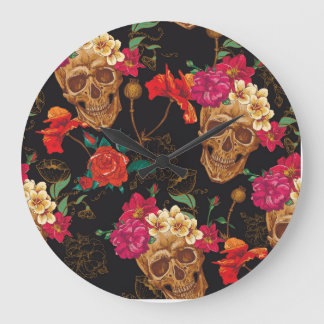 Grande Horloge Ronde Fleurs du crâne : Arrière - plan foncé sans coutur
