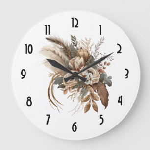 Grande Horloge Ronde Fleurs Élégantes Feuillage et plumes