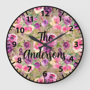Grande Horloge Ronde Fleurs en bois rustique personnalisées Roses roses