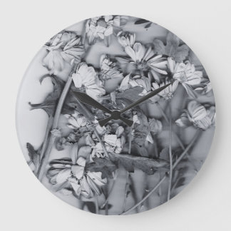Grande Horloge Ronde Fleurs en noir et blanc