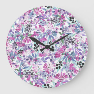 Grande Horloge Ronde Fleurs et baies pourpres : Aquarelle