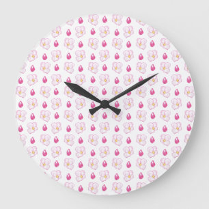 Grande Horloge Ronde Fleurs et bourgeons rose pomme, blanc