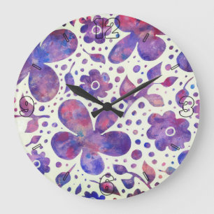 Grande Horloge Ronde Fleurs et feuilles violettes romantiques Art origi