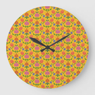 Grande Horloge Ronde Fleurs et Pois sur Mur arrondie Jaune