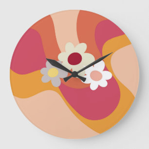 Grande Horloge Ronde Fleurs et vagues de style rétro