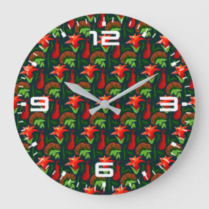 Grande Horloge Ronde Fleurs Exotiques Colorées Motif de Feuilles