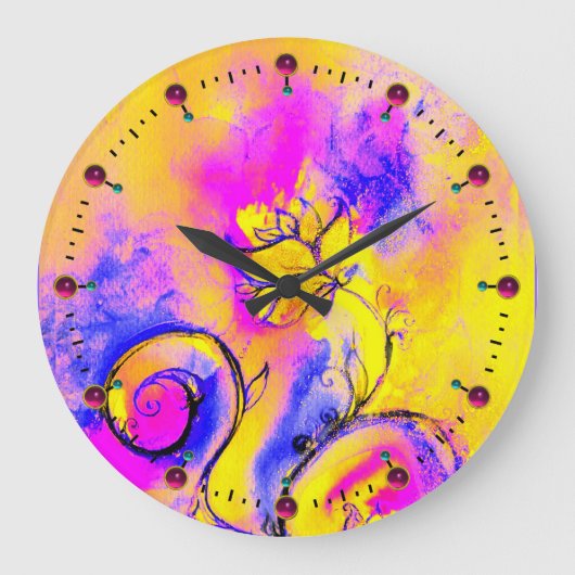 Grande Horloge Ronde FLEURS FANTAISISTES rose jaune bleu (Recto)