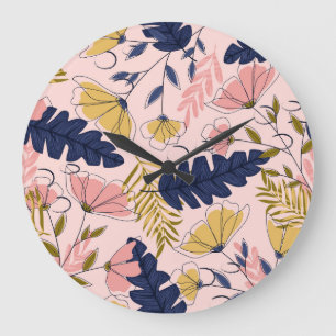 Grande Horloge Ronde Fleurs Feuilles tropicales Imprimer Vintage