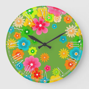 Grande Horloge Ronde Fleurs florales colorées de Bohème de Boho rétr