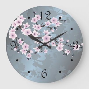Grande Horloge Ronde Fleurs florales de cerises bleues rose cendré