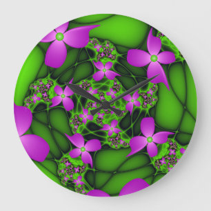 Grande Horloge Ronde Fleurs fractales abstraites modernes rose vert néo
