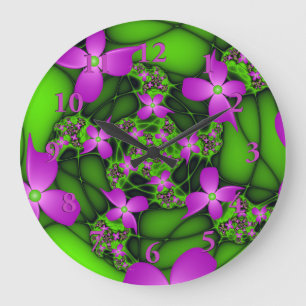 Grande Horloge Ronde Fleurs fractales abstraites modernes rose vert néo