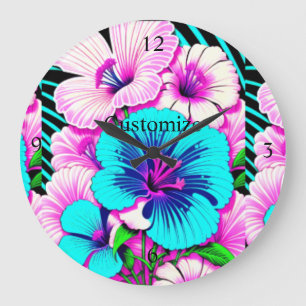 Grande Horloge Ronde Fleurs Hibiscus multicolores Thunder_Cove
