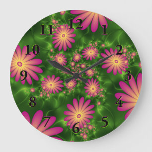 Grande Horloge Ronde Fleurs Imaginaires roses Art Fractal Abstrait mode