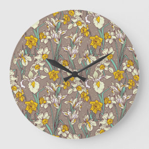 Grande Horloge Ronde Fleurs Iris Narcissus Vintage sans fil