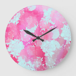 Grande Horloge Ronde Fleurs japonaises motifs bleus
