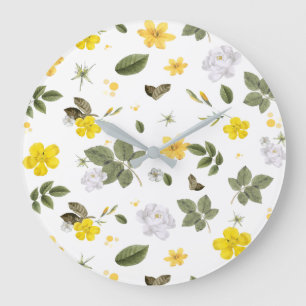 Grande Horloge Ronde Fleurs jaunes et roses blanches 3