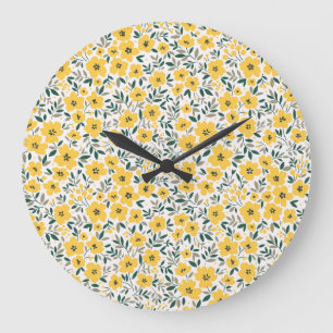Grande Horloge Ronde Fleurs jaunes : moderne floral sans soudure.