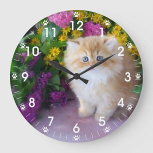 Grande Horloge Ronde Fleurs jaunes pourpres de rose précieux de chaton