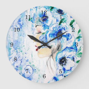 Grande Horloge Ronde Fleurs Mur cadenas - Imaginaire bleu - Peinture