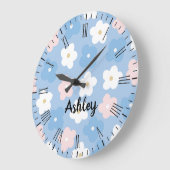 Grande Horloge Ronde Fleurs Pastel Retro en bleu (Angle)