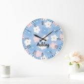 Grande Horloge Ronde Fleurs Pastel Retro en bleu (Maison)