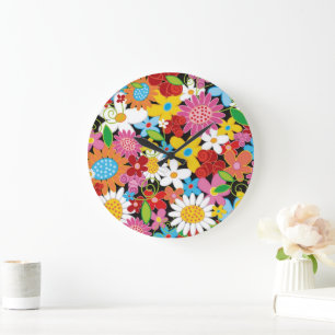 Grande Horloge Ronde Fleurs printanières fantaisistes Jardin floral col