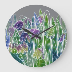 Grande Horloge Ronde Fleurs printanières, herbes, bordure transparente